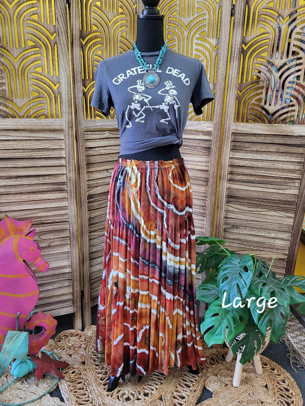 Bohemian Tiered Maxi Skirt in Rust Tie-Dye